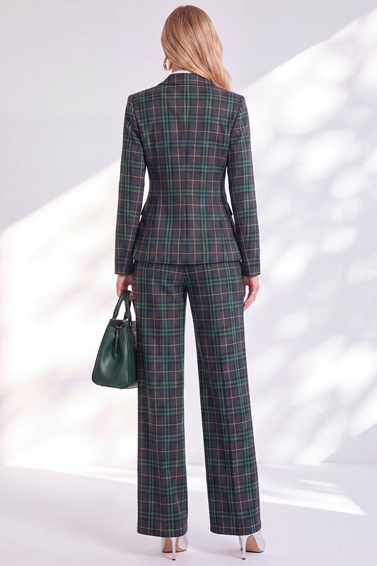 Vintage Green Grid Printed Pantsuits Notched Lapel Long Women's Suits