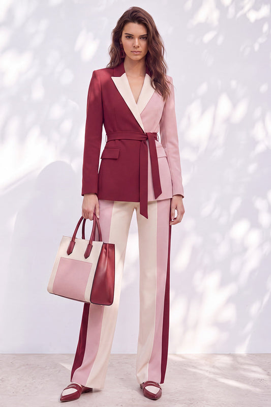 Pink Burgundy Two-Piece Peak Lapel Belted Women's Suit