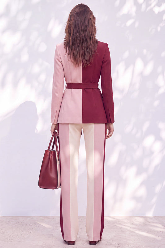 Pink Burgundy Two-Piece Peak Lapel Belted Women's Suit