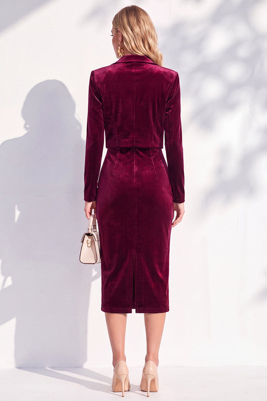 Burgundy Velvet Bodycon Notched Lapel Long Sleeves Midi Women's Suits
