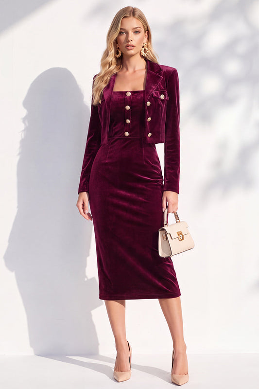 Burgundy Velvet Bodycon Notched Lapel Long Sleeves Midi Women's Suits