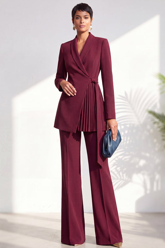 Trajes Largos Plisados de Dos Piezas Color Borgoña con Solapa de Chal para Mujer
