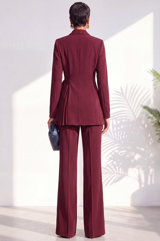 Trajes Largos Plisados de Dos Piezas Color Borgoña con Solapa de Chal para Mujer
