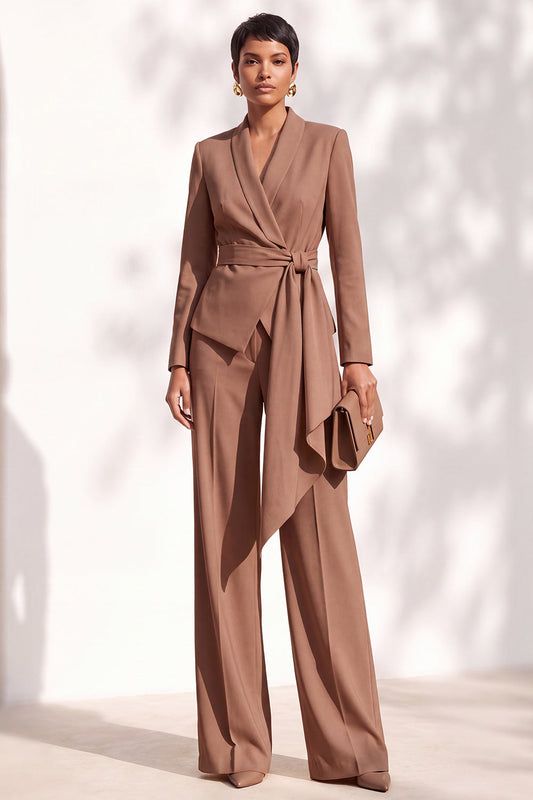 Brown Pantsuits Shawl Lapel Long Sleeves Sash Women's Suits