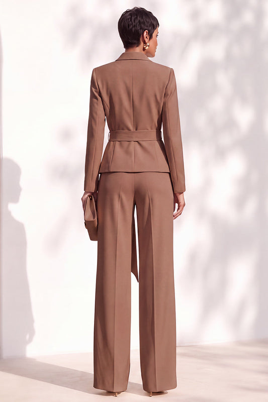 Brown Pantsuits Shawl Lapel Long Sleeves Sash Women's Suits