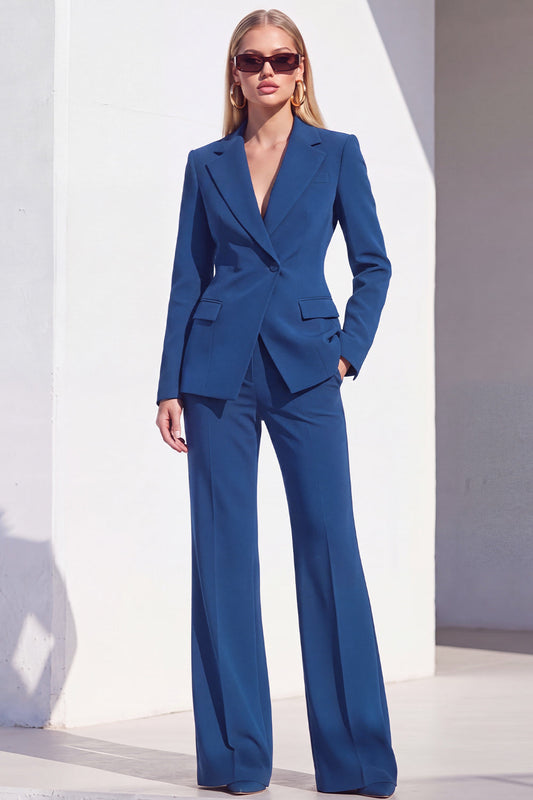 Berlin Blue Fitted Notched Lapel Long Sleeves Women's Formal Suits