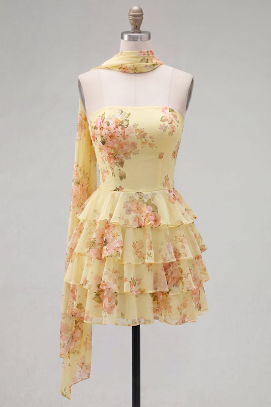 Yellow Strapless Tiered Floral A-Line Ruffle Short Homecoming Dress