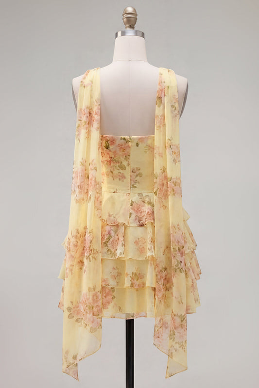 Yellow Strapless Tiered Floral A-Line Ruffle Short Homecoming Dress