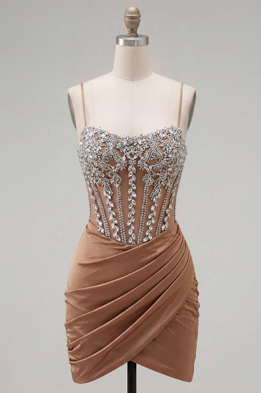 Khaki Bodycon Ruched Spaghetti Straps Lace-Up Back Homecoming Dress with Beading