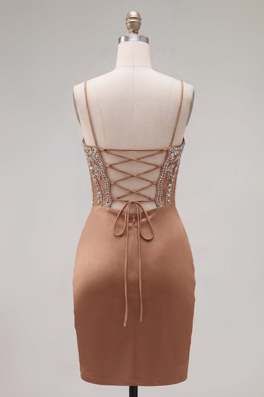 Khaki Bodycon Ruched Spaghetti Straps Lace-Up Back Homecoming Dress with Beading