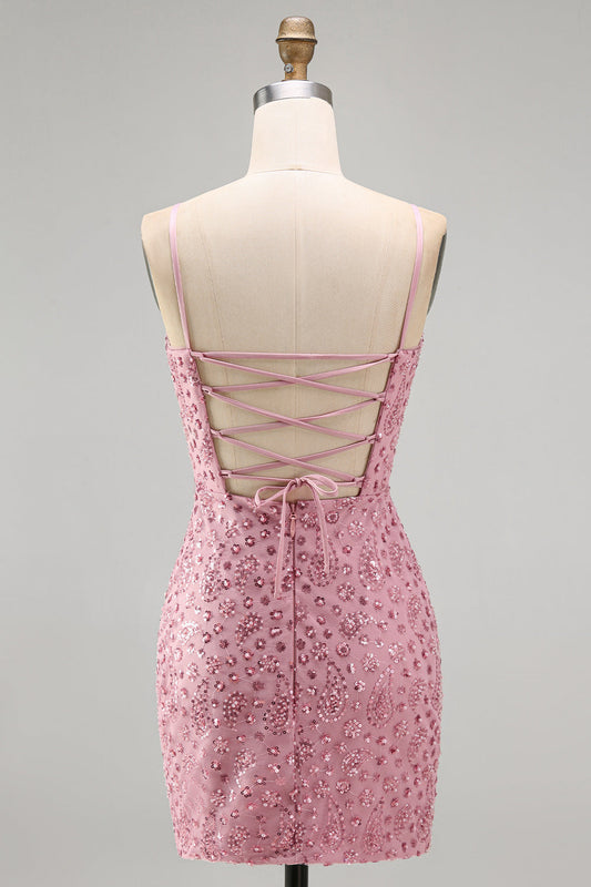 Robe de bal courte moulante Dusty Rose avec laçage au dos, bretelles spaghetti et perles