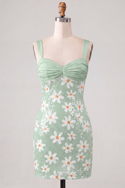 Robe courte de bal cintrée fleurie verte à paillettes et bretelles épaisses