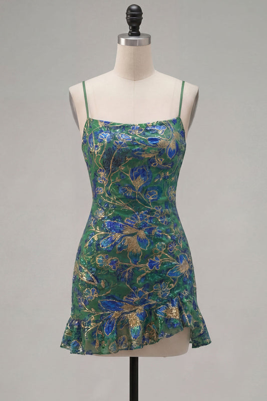 Robe de soirée courte moulante vert foncé à volants floraux et dos lacé