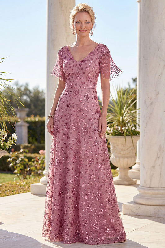Dusty Rose A-Line V-Neck Beaded Mother Of The Bride Dress with Fringes