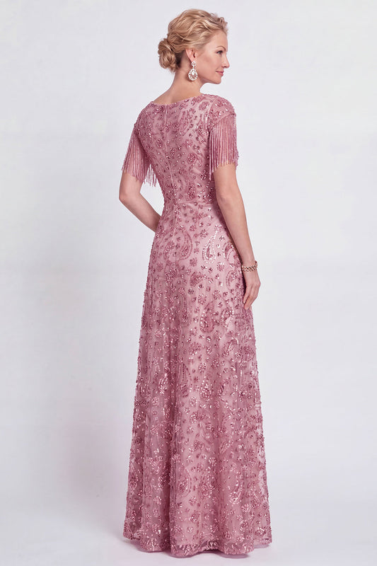 Dusty Rose A-Line V-Neck Beaded Mother Of The Bride Dress with Fringes