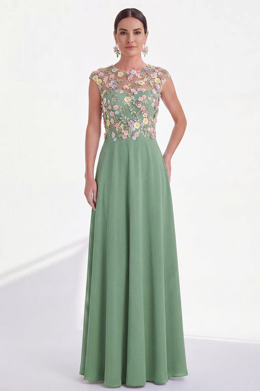 Robe longue évasée verte à col rond, ornée d'applications, avec manches courtes, pour la mère de la mariée