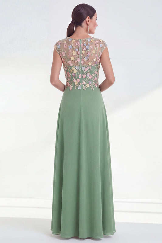 Robe longue évasée verte à col rond, ornée d'applications, avec manches courtes, pour la mère de la mariée