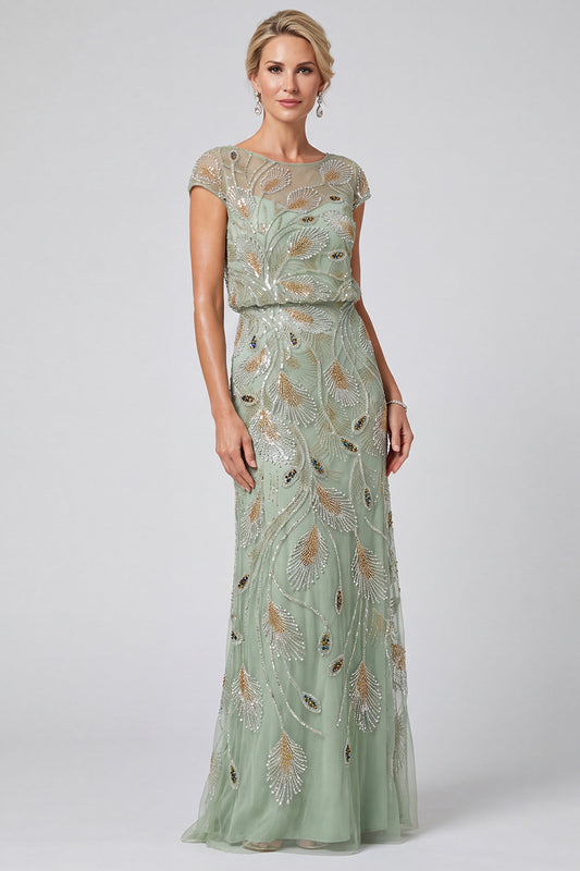 Robe longue de mère de la mariée vert floral sirène à sequins et col rond avec manches courtes