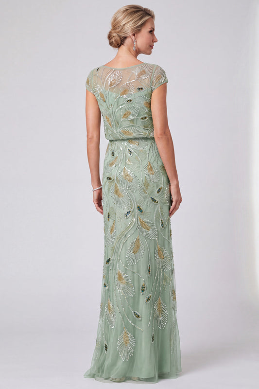 Robe longue de mère de la mariée vert floral sirène à sequins et col rond avec manches courtes