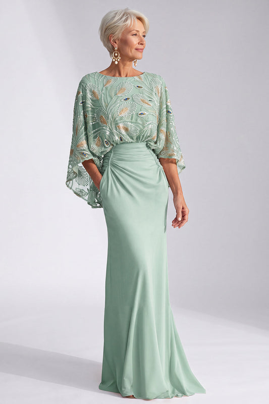 Robe longue sirène verte à encolure bateau, sequins floraux et manches évasées pour mère de la mariée