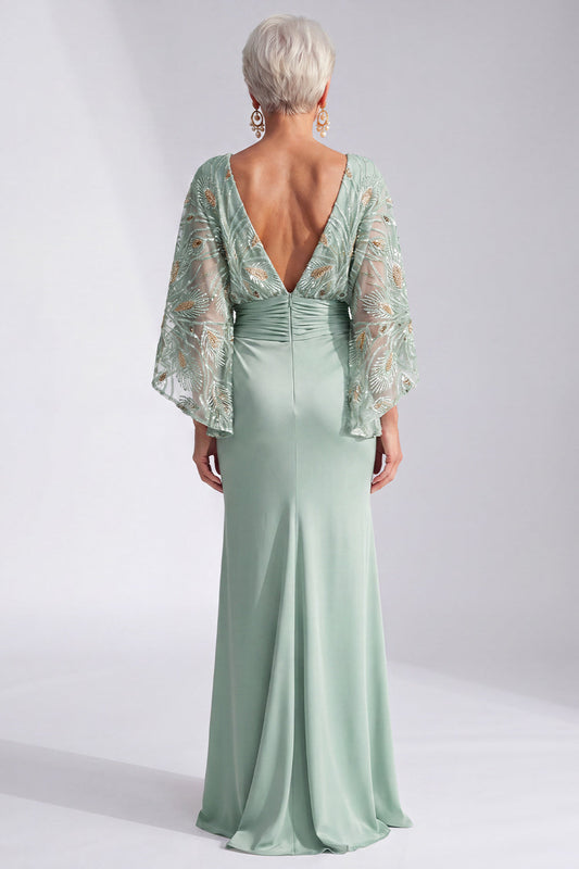 Robe longue sirène verte à encolure bateau, sequins floraux et manches évasées pour mère de la mariée