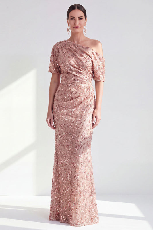 One Shoulder Mermaid Champagne Floral Ruched Mother of the Bride Dress with Sequins