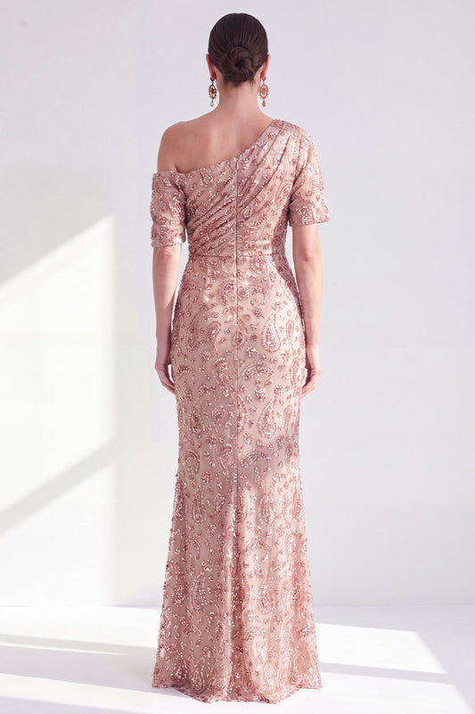 One Shoulder Mermaid Champagne Floral Ruched Mother of the Bride Dress with Sequins