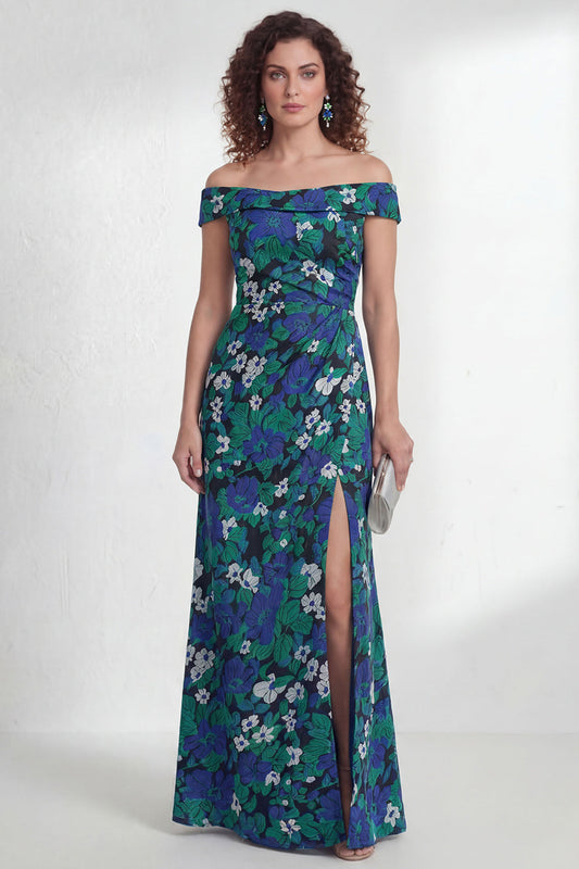 Robe longue sirène froncée vert fleurie à épaules dénudées avec fente pour mère de la mariée