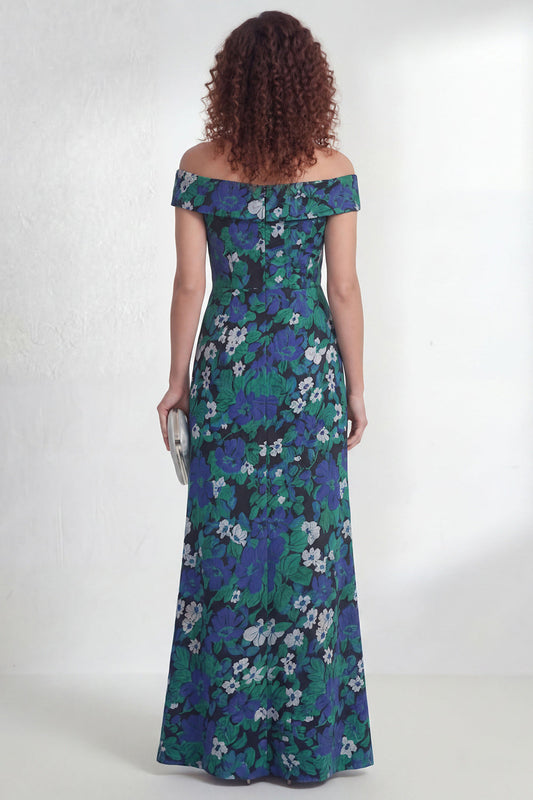 Robe longue sirène froncée vert fleurie à épaules dénudées avec fente pour mère de la mariée