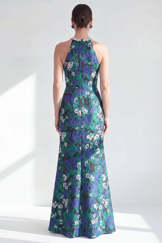Robe longue sirène froncée perlée fleurie verte à col montant fendue pour mère de la mariée