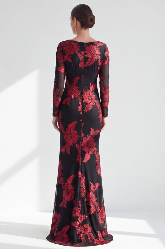Robe longue rouge sirène à encolure bateau et motif floral pour la mère de la mariée