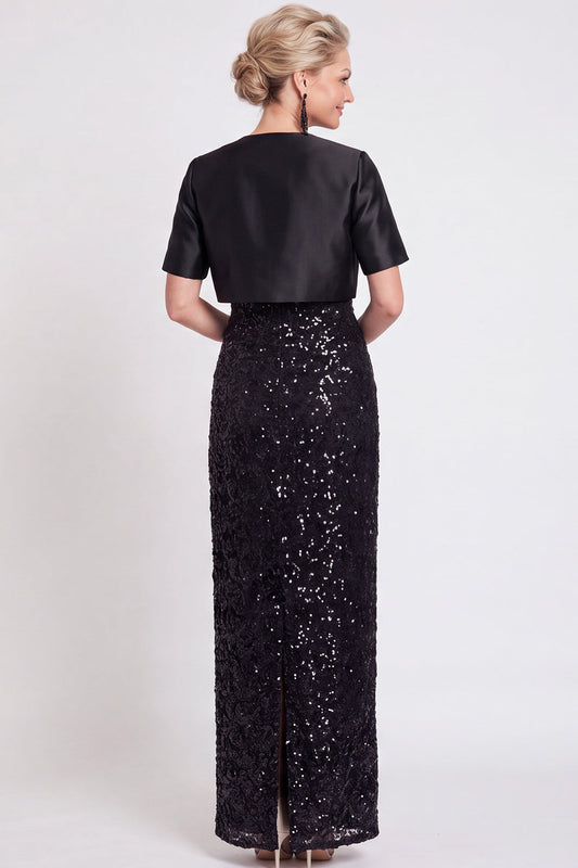 Robe longue fourreau noire à paillettes fendue pour mère de la mariée