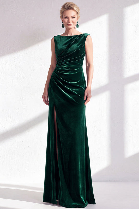 Robe longue de mère de la mariée sirène en velours vert foncé à encolure bateau, froncée, avec fente