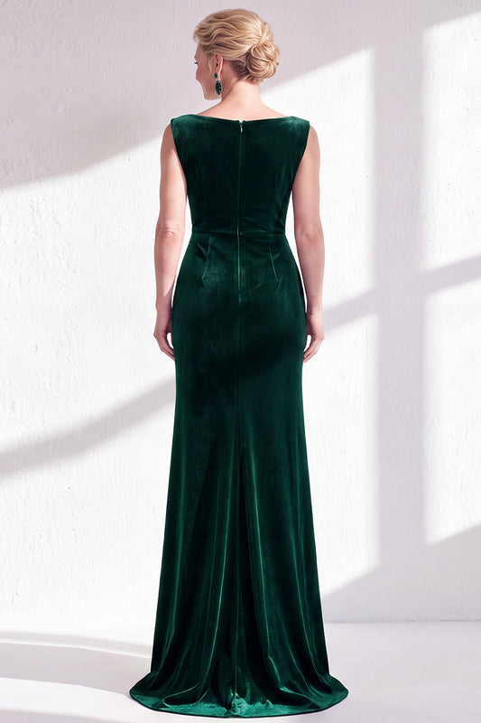 Robe longue de mère de la mariée sirène en velours vert foncé à encolure bateau, froncée, avec fente