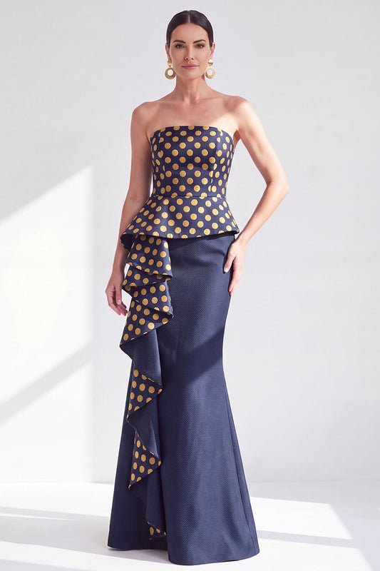 Vestido de noche largo dorado de sirena sin tirantes con volantes para la madre de la novia