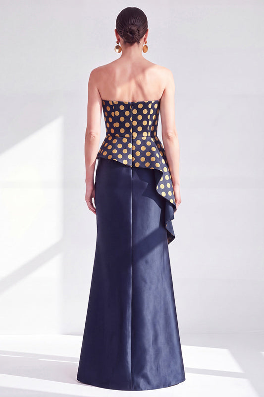 Vestido de noche largo dorado de sirena sin tirantes con volantes para la madre de la novia
