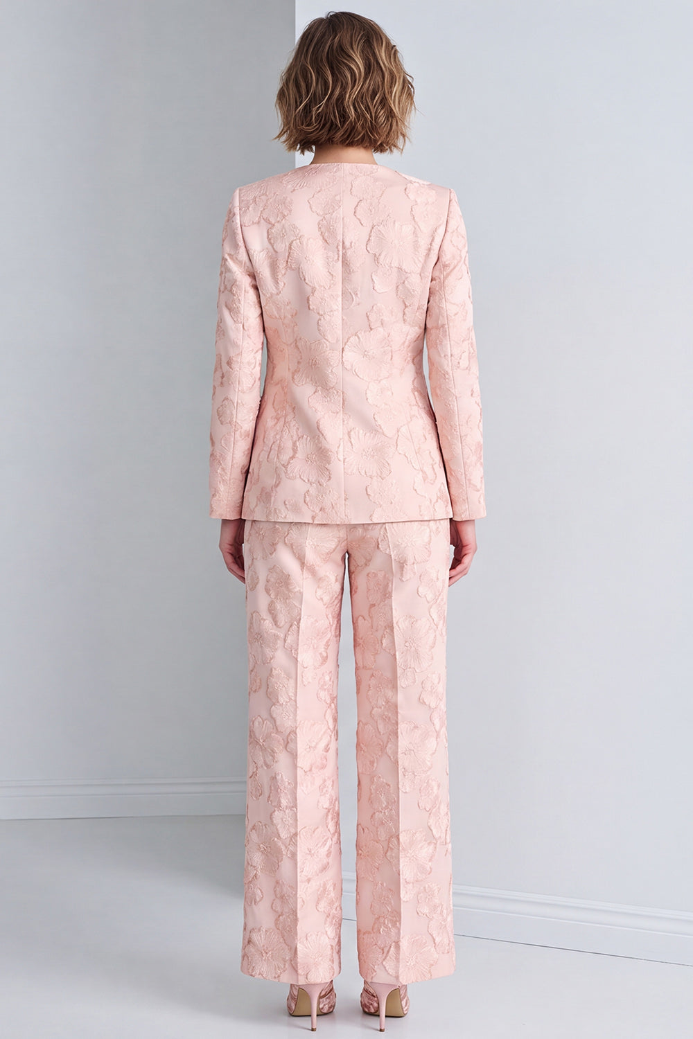 Ensemble deux pièces rose col rond simple boutonnage floral pour le bal avec poches