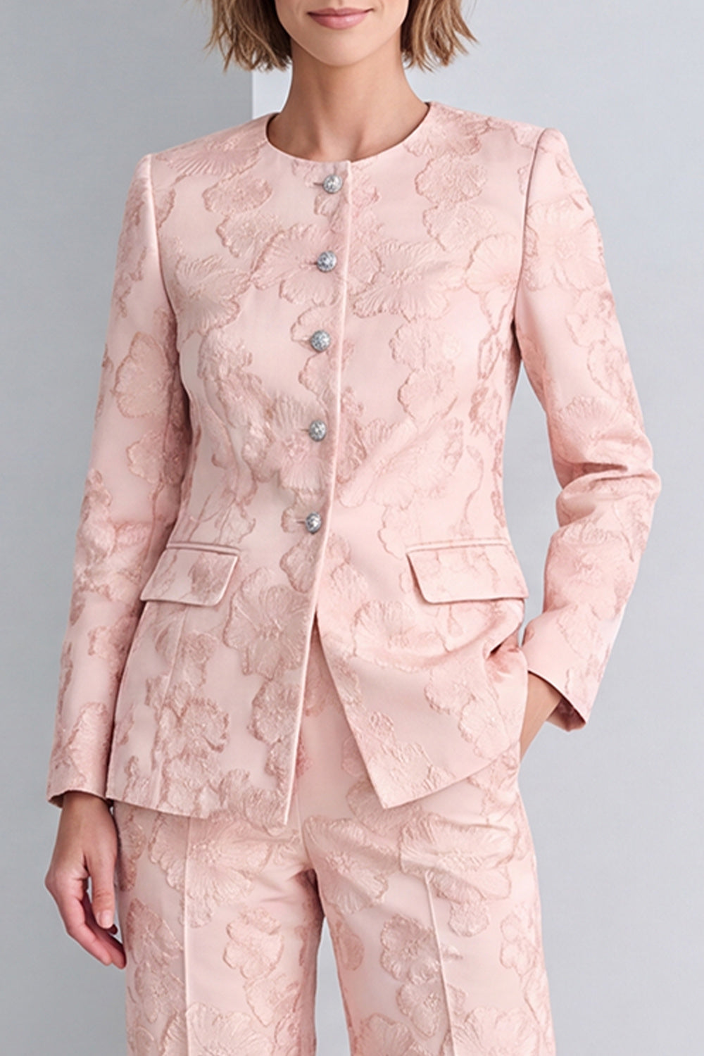 Ensemble deux pièces rose col rond simple boutonnage floral pour le bal avec poches