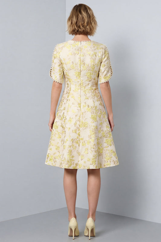 A-Line Light Yellow Round Neck Floral Midi Work Dress