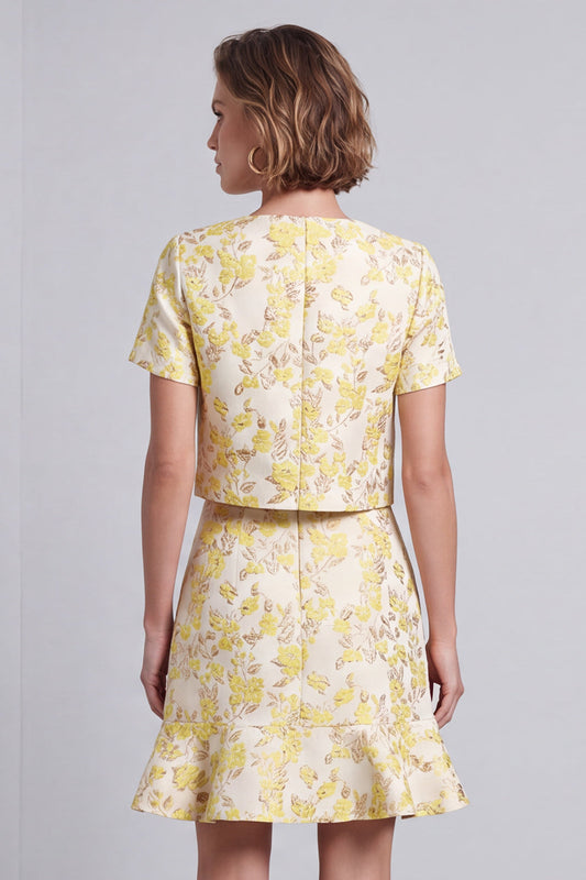 Light Yellow Round Neck Bodycon Floral Short Work Dress with Ruffles