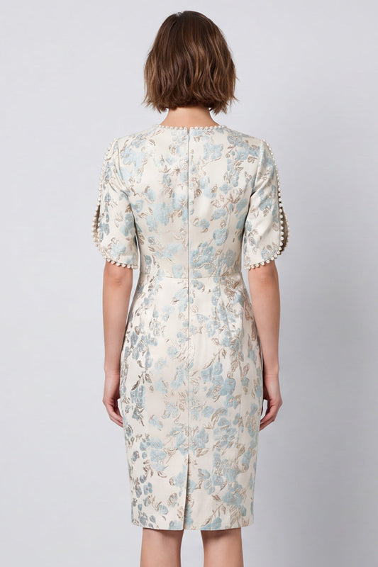 Bodycon Light Blue Floral Round Neck Midi Work Dress with Short Sleeves