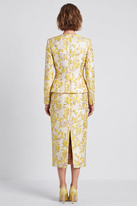 Light Yellow V-Neck Bodycon Floral Single Breasted Midi Work Dress with Slit