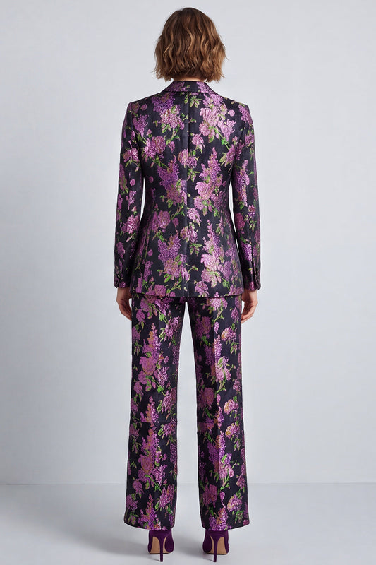 Black Purple Flower 2 Piece Notch Lapel One Button Prom Suit