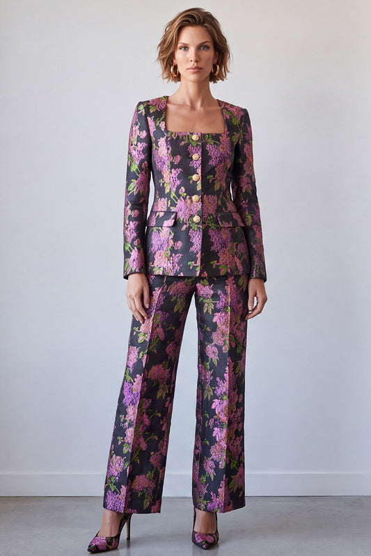 Black Purple Flower Square Neck 2 Piece Single Breasted Prom Suits