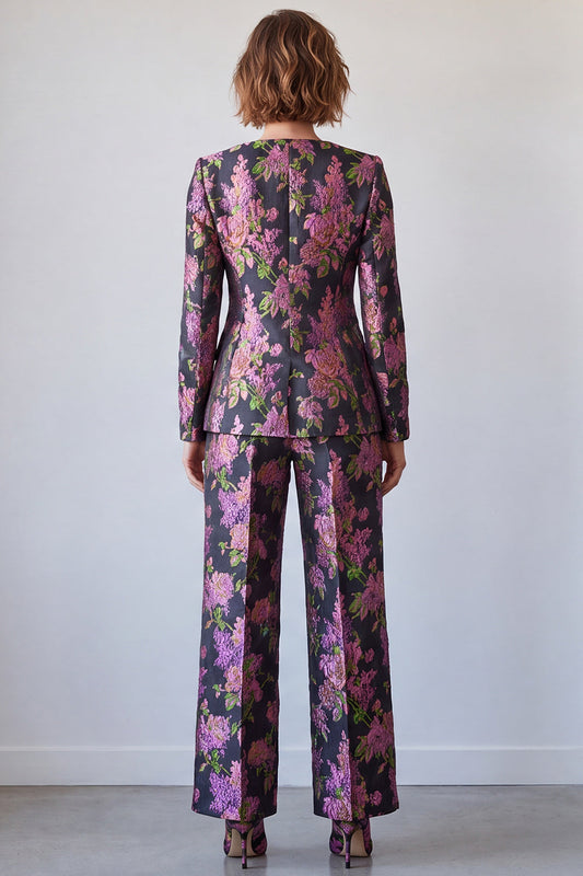 Black Purple Flower Square Neck 2 Piece Single Breasted Prom Suits