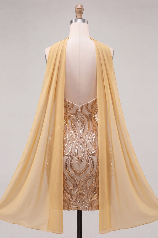 Gold Strapless Sequin Bodycon Short Homecoming Dress with Slit