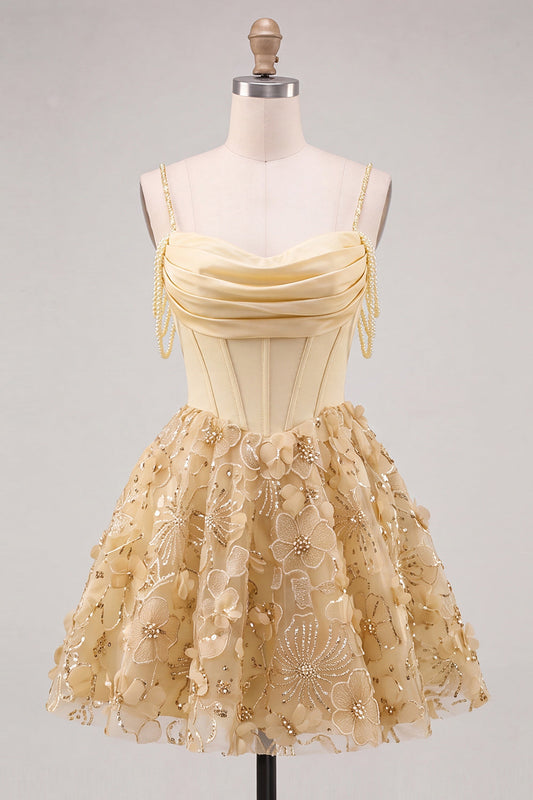 Yellow Corset Ruched Floral Spaghetti Straps A-Line Homecoming Dress with Beading