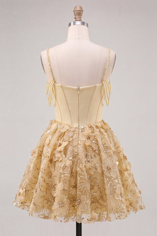 Yellow Corset Ruched Floral Spaghetti Straps A-Line Homecoming Dress with Beading