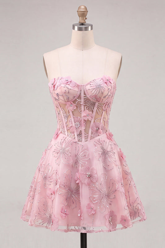 Pink Sheer Corset Floral A-Line Sweetheart Lace-Up Back Homecoming Dress with Beading