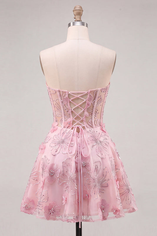 Pink Sheer Corset Floral A-Line Sweetheart Lace-Up Back Homecoming Dress with Beading